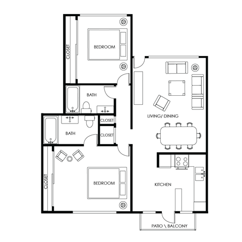A floor plan of a house with two bedrooms, a living room, a kitchen, two bathrooms, and a patio.